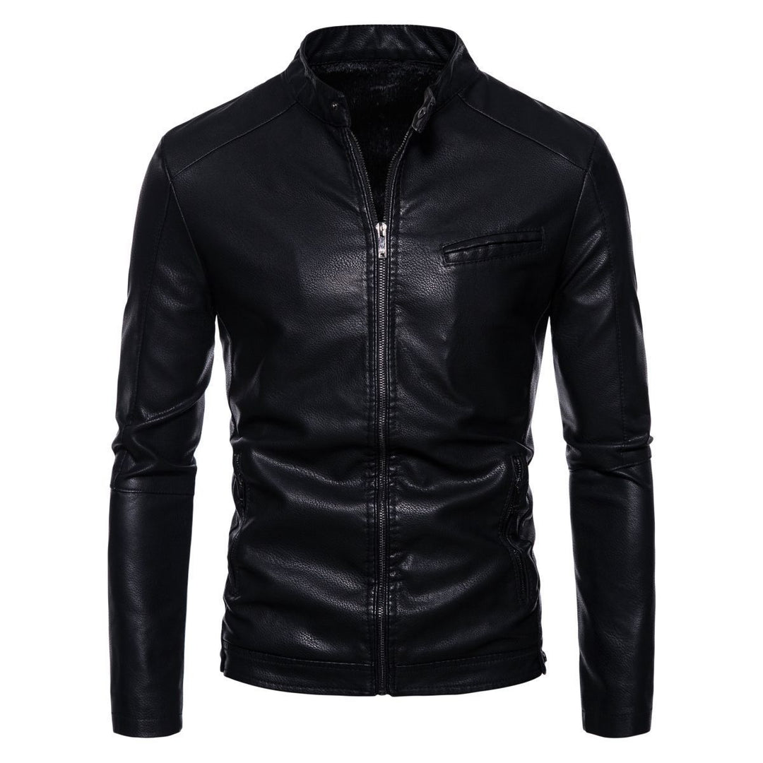 Herren Schmale Kunstleder-Bikerjacke mit Stehkragen, Innenfutter aus Kunstfell und Reißverschlusstaschen Echo Archiv