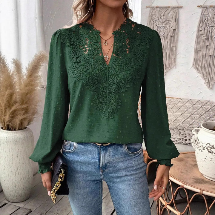 Damen nan Spitzenapplikation V-Ausschnitt Bluse mit Strukturpunkt, gerafften Manschetten und leicht taillierter Silhouette Echo Archiv