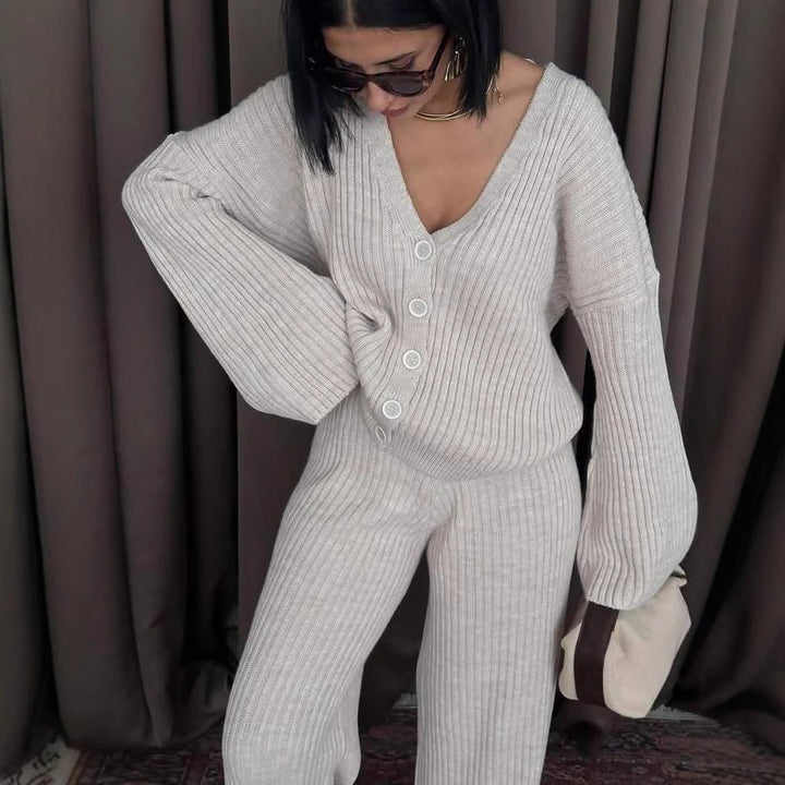 Damen Gerippter Strick‑Zweiteiler mit Oversized‑Cardigan und High‑Waist‑Sweathose – Élanora