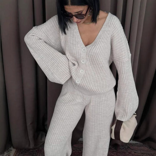 Damen Gerippter Strick‑Zweiteiler mit Oversized‑Cardigan und High‑Waist‑Sweathose – Élanora