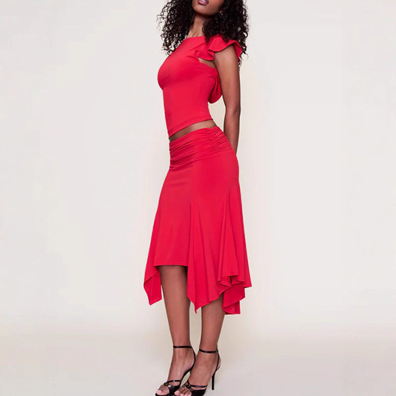 Damen Elegantes Oberteil mit Rüschendetails und asymmetrischem Rock Echo Archiv