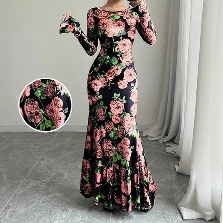 Damen nan eng anliegendes Maxikleid mit Meerjungfrauen-Schnitt, langen Glockenärmeln und Rüschensaum Echo Archiv