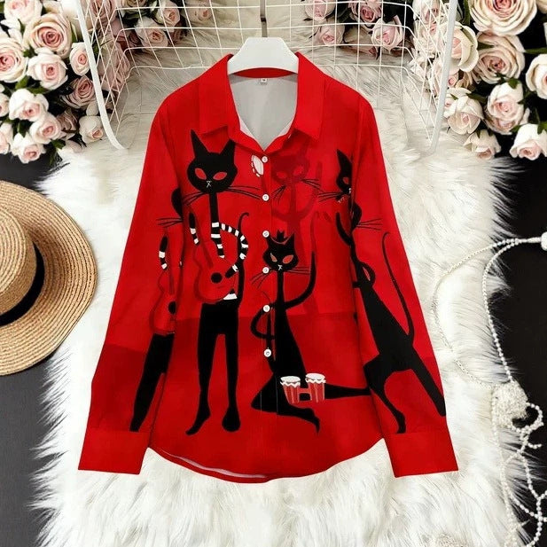 Damen Modische Hemdbluse mit einzigartigem Katzenmotiv Echoarchiv