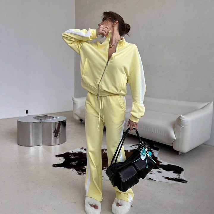 Damen lässiges Zweiteiler-Set mit Stehkragen-Zipjacke und locker geschnittener Tunnelzughose – Élanora