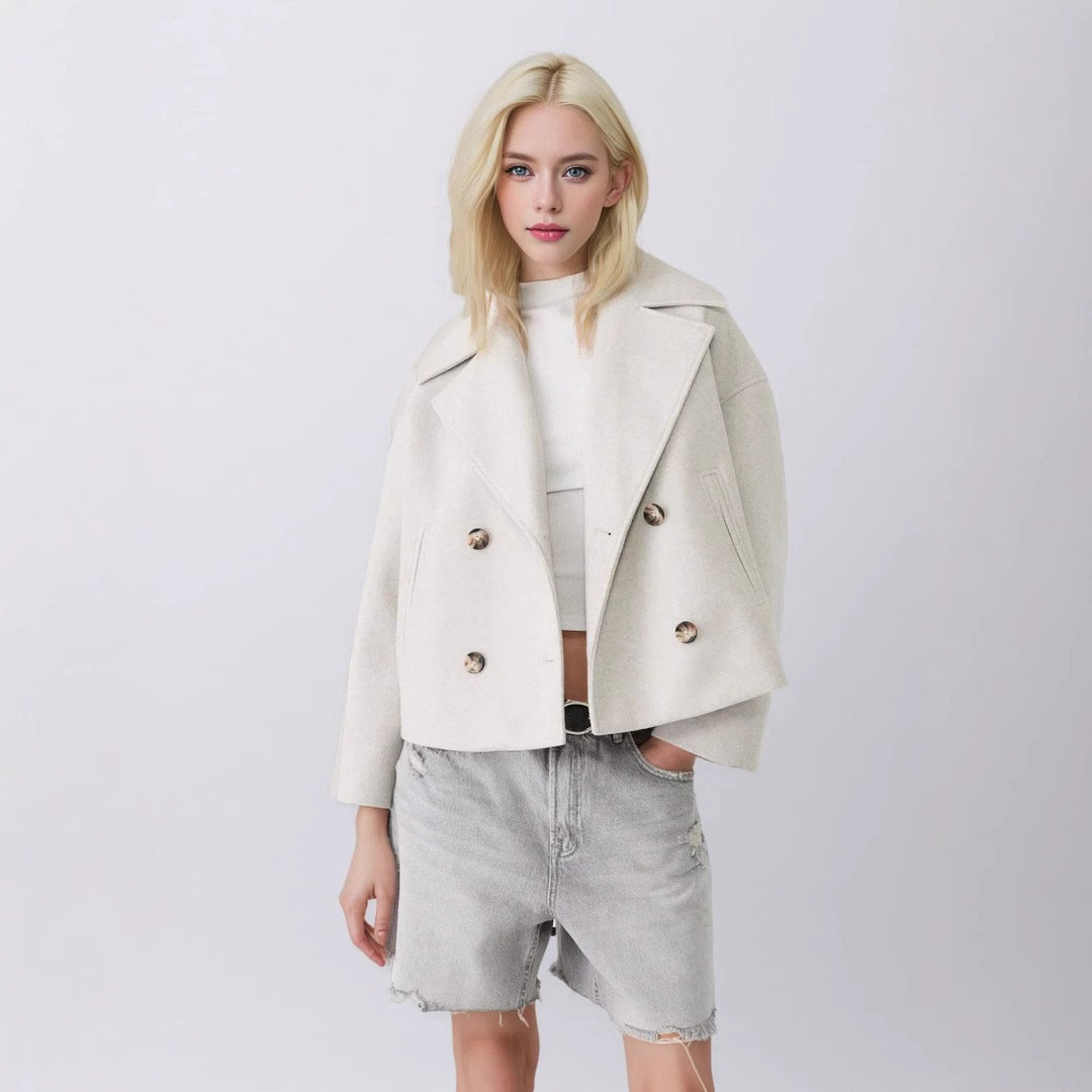 Damen nan kurzes doppeltreihiges Wollmix-Manteljacke im Boxy-Cut mit weitem Reverskragen Echo Archiv