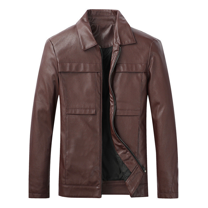 Herren Slim‑Fit Lederoptik-Truckerjacke mit Hemdkragen, verdecktem Reißverschluss und Pattentaschen Echoarchiv