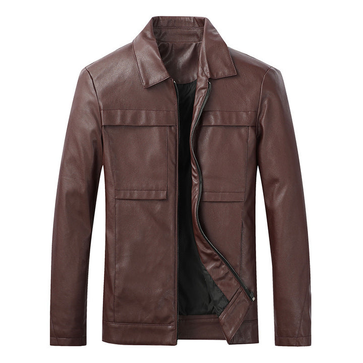 Herren Slim‑Fit Lederoptik-Truckerjacke mit Hemdkragen, verdecktem Reißverschluss und Pattentaschen Echoarchiv