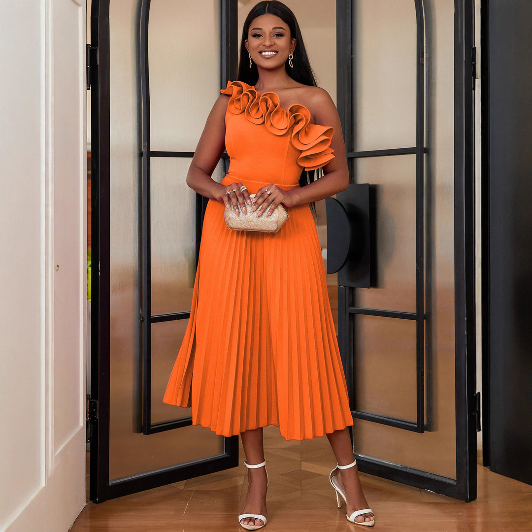 Damen Elegantes Midi-Kleid mit asymmetrischem Rüschen-Ausschnitt Echo Archiv