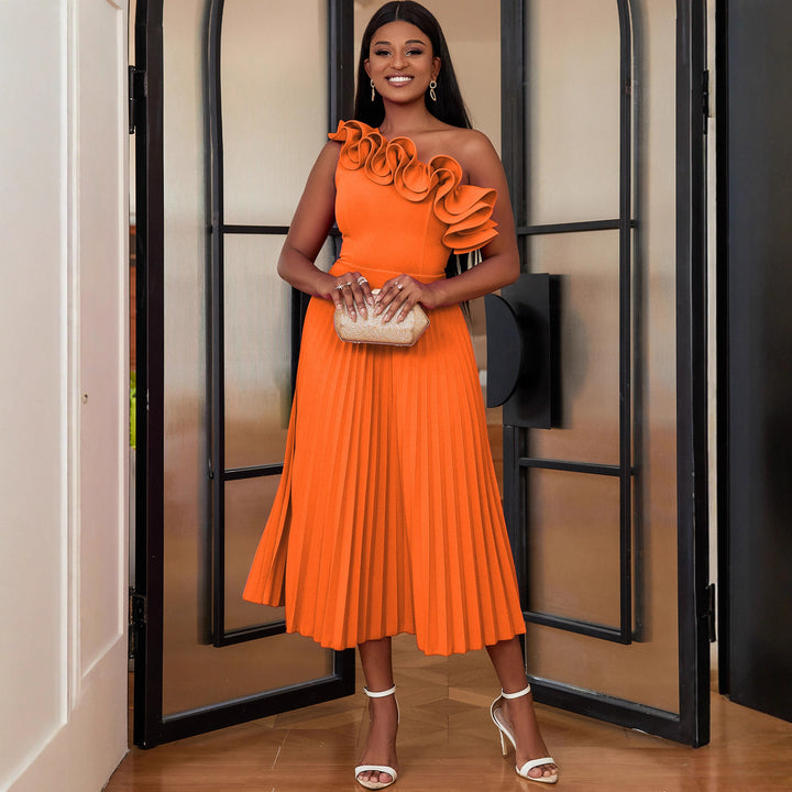 Damen Elegantes Midi-Kleid mit asymmetrischem Rüschen-Ausschnitt Echo Archiv