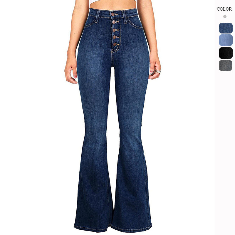 Damen nan Highwaist-Jeans mit ausgestelltem Schlag, taillierter Passform und dekorativer Knopfleiste Echo Archiv