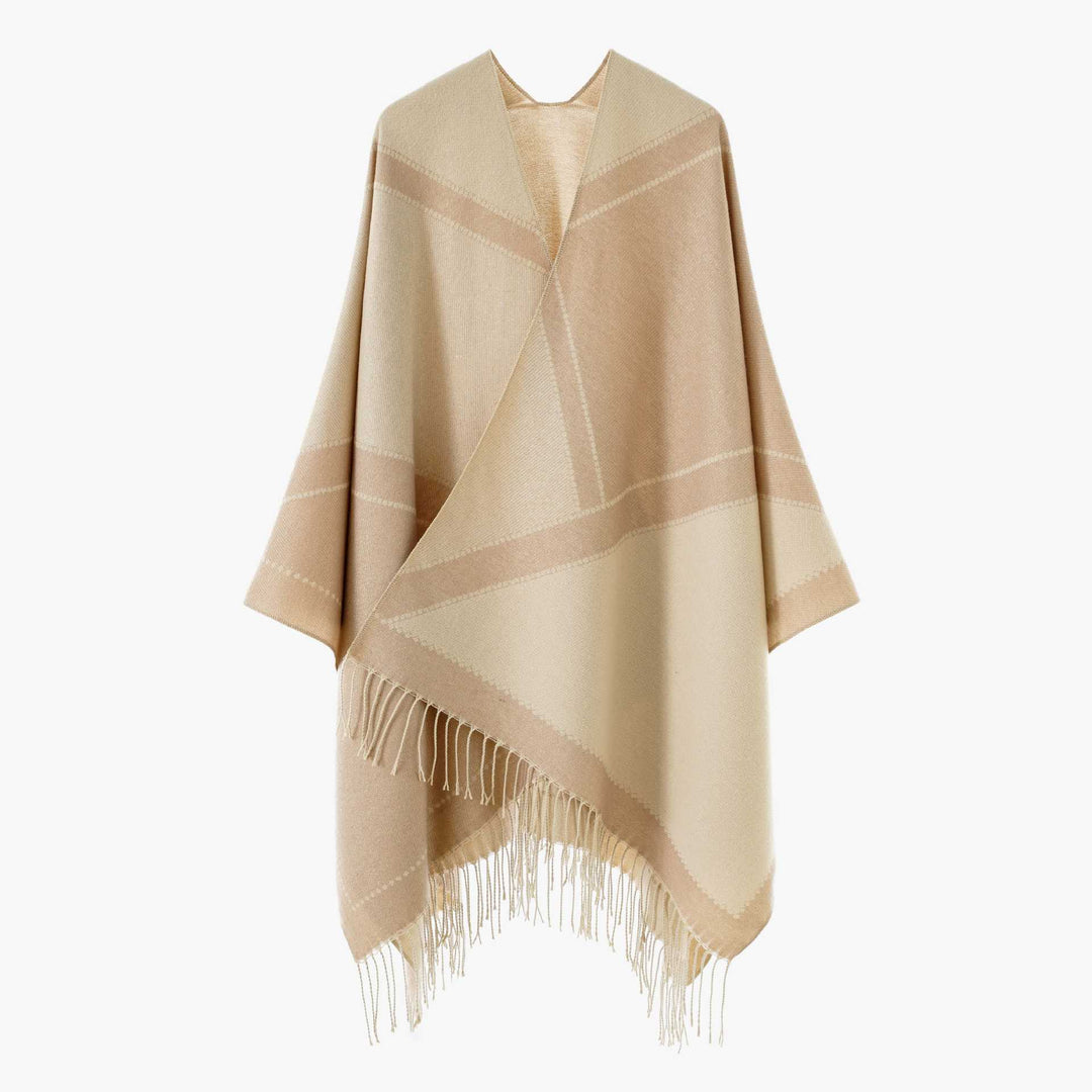 Damen Wendbarer Strickcape-Poncho mit Fransen und kontrastierenden Streifen – Avérine
