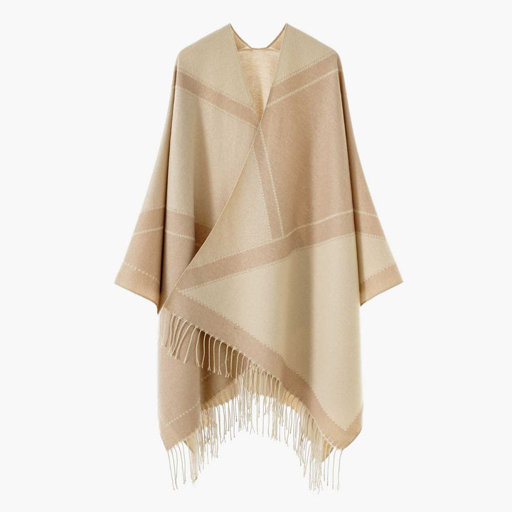 Damen Wendbarer Strickcape-Poncho mit Fransen und kontrastierenden Streifen – Avérine