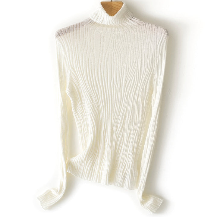 Damen Schlanker Feinstrick-Rollkragenpullover mit wellenförmiger Rippstruktur Echoarchiv