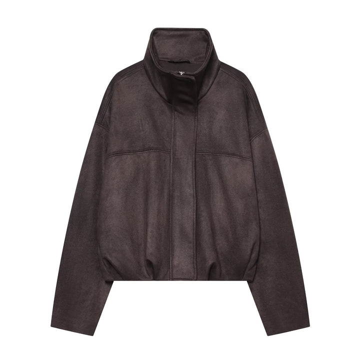 Damen Kurzblouson aus Velours‑Optik mit hohem Funnelkragen und elastischem Saum Echoarchiv
