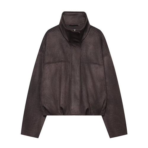 Damen Kurzblouson aus Velours‑Optik mit hohem Funnelkragen und elastischem Saum Echoarchiv