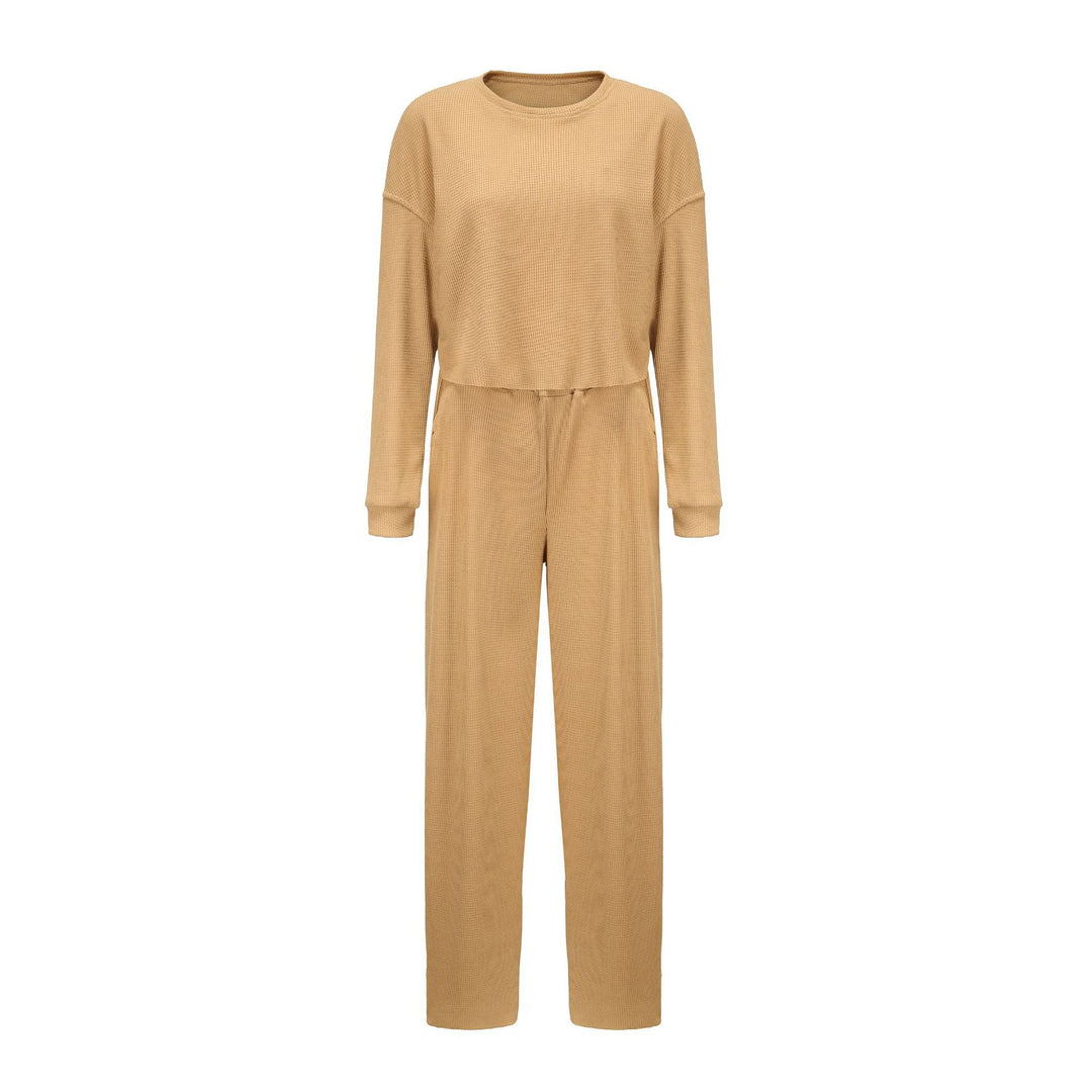 Damen kurz geschnittenes Waffelstrick-Lounge-Set mit hoch taillierter Palazzohose – Élanora