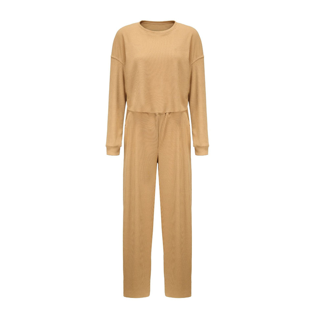 Damen kurz geschnittenes Waffelstrick-Lounge-Set mit hoch taillierter Palazzohose – Élanora