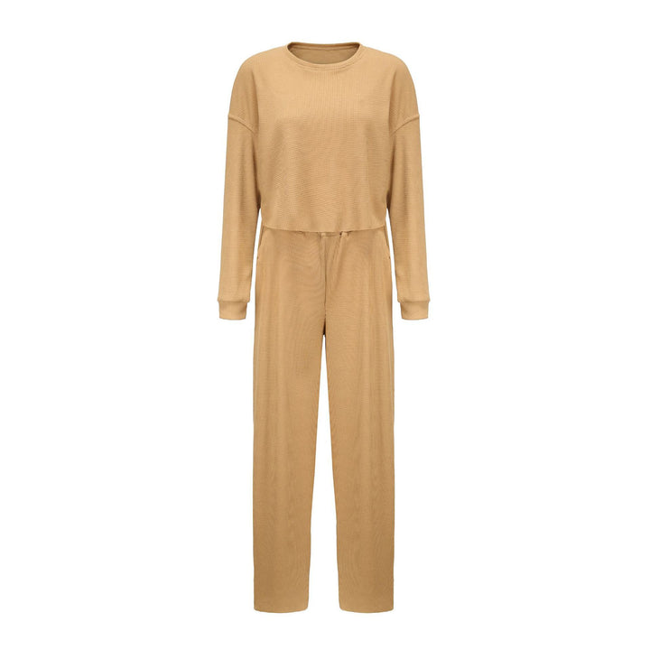 Damen kurz geschnittenes Waffelstrick-Lounge-Set mit hoch taillierter Palazzohose – Élanora