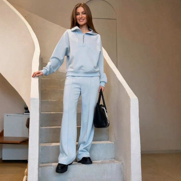 Damen Oversize-Halbreißverschluss-Sweatshirt mit weit geschnittener hochgeschnittener Palazzo-Hose – Élanora