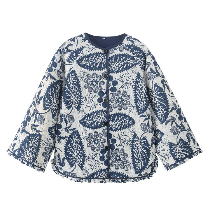 Damen nan gesteppte Steppjacke mit floralem Patchwork-Print, runder Knopfleiste und gerundetem Saum Echo Archiv
