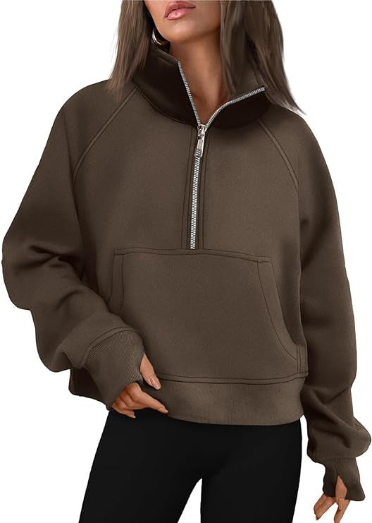 Damen nan cropped Halbzip-Sweatshirt mit hohem Stehkragen, Kängurutasche und überschnittener Schulter Echo Archiv