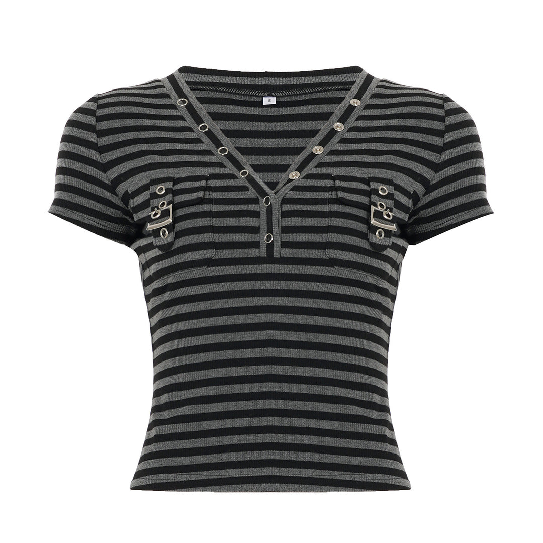 Damen Kurzarm Shirt mit dekorativem V-Ausschnitt und praktischem Taschen-Design Echo Archiv