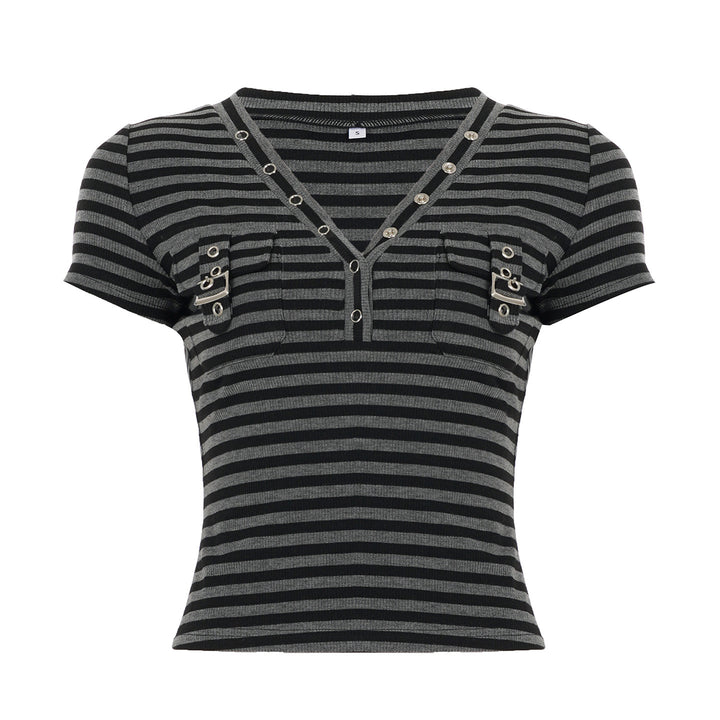 Damen Kurzarm Shirt mit dekorativem V-Ausschnitt und praktischem Taschen-Design Echo Archiv