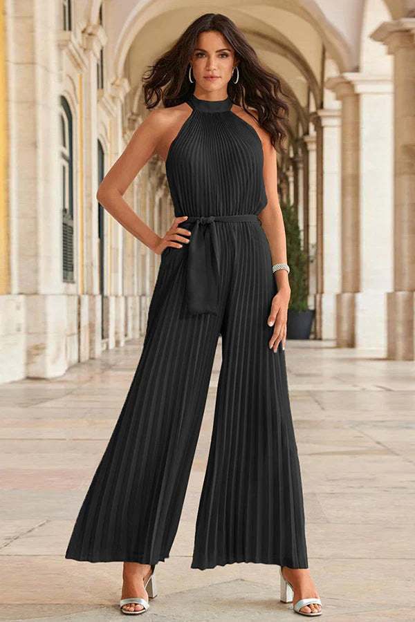 Damen Plissierter Ärmelloser Jumpsuit mit hohem Stehkragen, weitem Palazzo-Bein und Taillenschärpe – Solévia