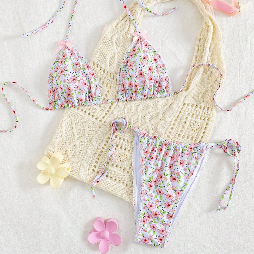 Damen Triangel-Bikini mit floralem Muster und vielseitigem Höschen Echo Archiv