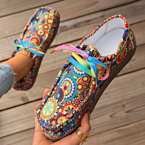 Damen Bequeme Plateau-Slipper im Ethno‑Print mit Korkoptik‑Sohle Echo Archiv