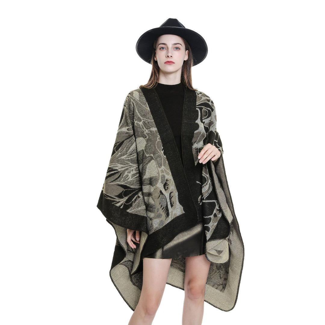 Damen Wollmix‑Jacquard‑Umhang mit offener Kimono‑Silhouette Echo Archiv
