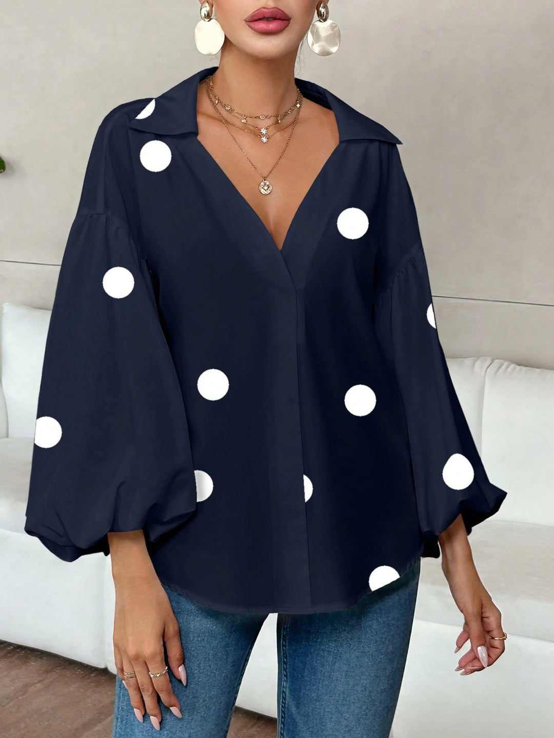 Damen Oversize-Bluse mit voluminösen Puffärmeln und Punktmuster Echo Archiv