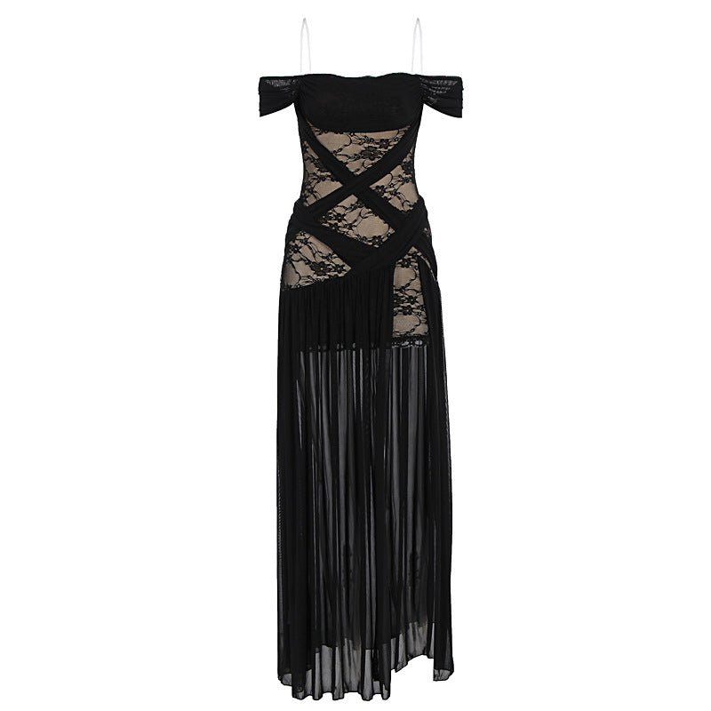 Damen Elegantes Spitzenkleid mit tiefem Schlitz und trägerlosem Schnitt Echo Archiv