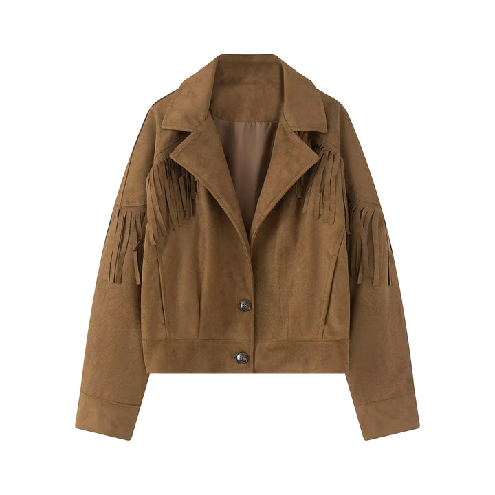 Damen nan kurze Wildlederoptik Fransenjacke mit Reverskragen und verdeckter Knopfleiste Echo Archiv