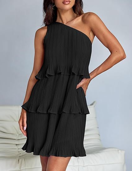 Damen Ärmelloses plissiertes Stufenkleid mit asymmetrischer Schulterpartie Echo Archiv
