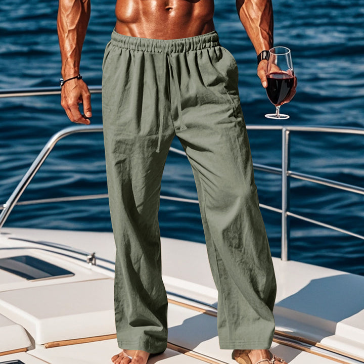 Herren nan weite Leinen-Loungehose mit elastischem Tunnelzugbund, Kordelzug und geradem Bein Echo Archiv