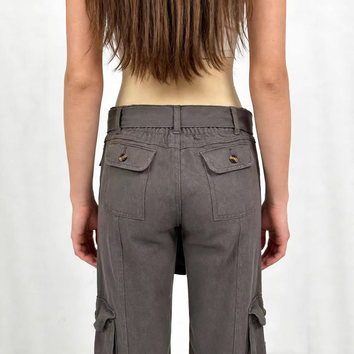 Damen nan weite Cargo-Hose mit hoher Taille, Bindegürtel und mehreren aufgesetzten Klappentaschen Echo Archiv