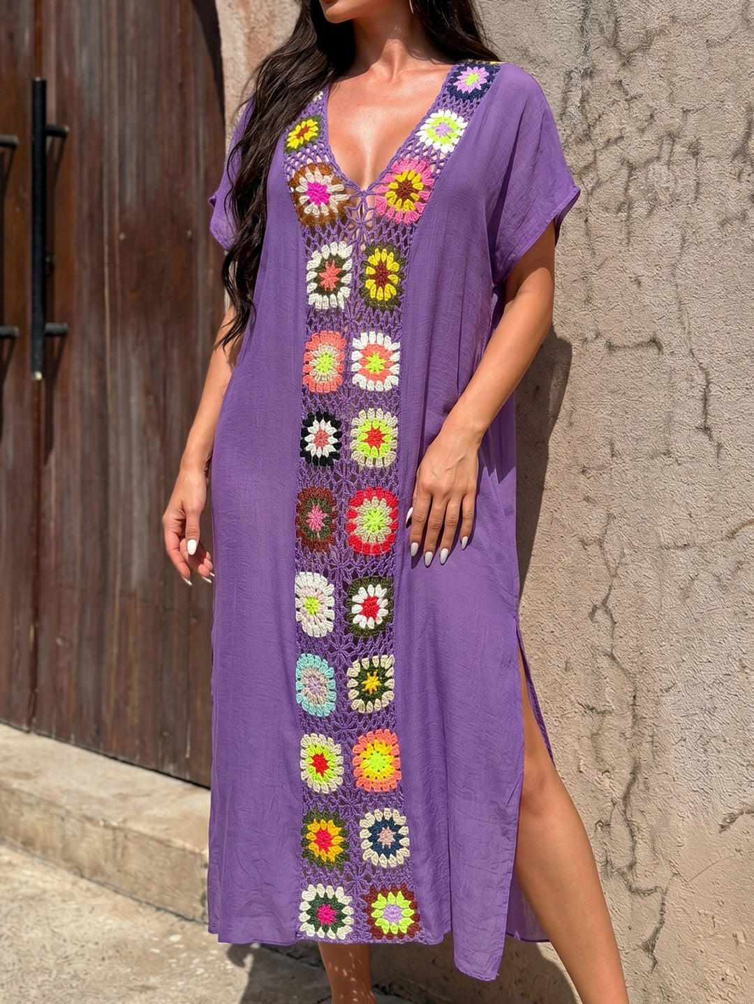 Damen Häkel-Strandkimono mit floralem Patchwork-Design Echo Archiv