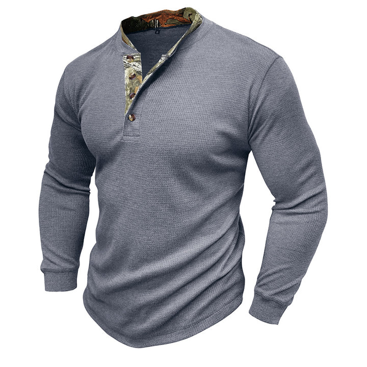 Herren modisches Langarm-Henley-Shirt mit strukturiertem Design und eleganter Knopfleiste Echoarchiv
