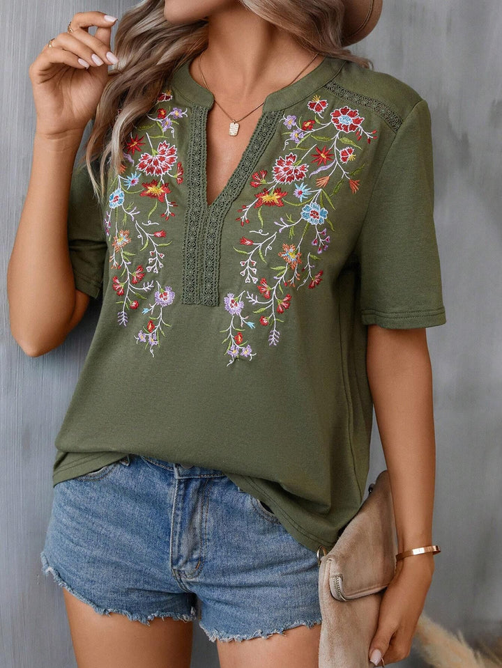 Damen bestickte Boho-Tunika mit tiefem Ausschnitt und Spitzenbesatz Echo Archiv