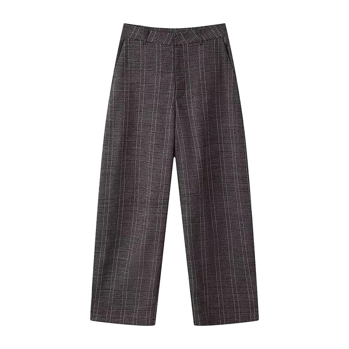 Damen hochtaillierte Glencheckweite Hose mit Bügelfalte und geradem Bein – Avélisse