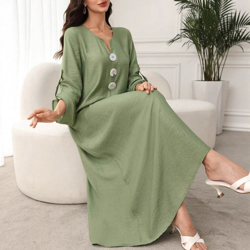 Damen Maxikleid mit Zierknöpfen, V-Ausschnitt und krempelbaren 3/4-Ärmeln – Avérine