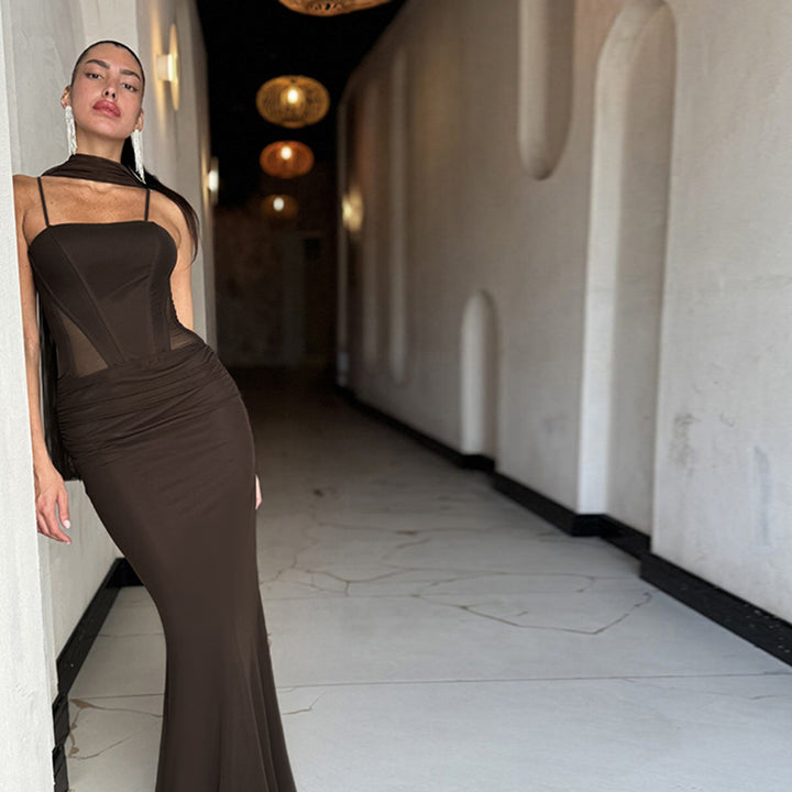 Damen elegantes figurbetontes Maxikleid mit transparenten Einsätzen und stylishem Stehkragen Echo Archiv