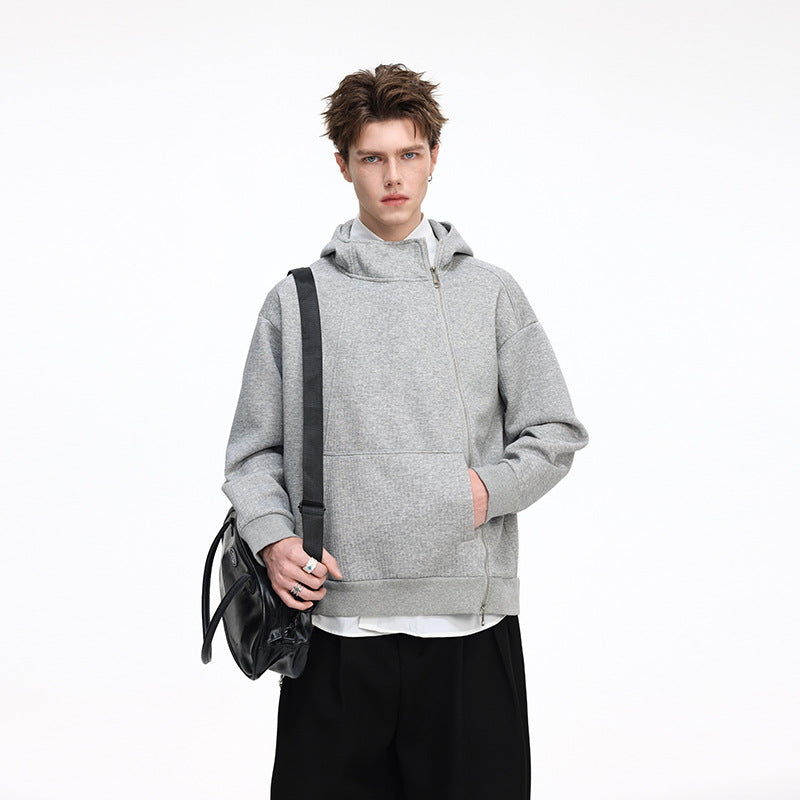 Unisex Asymmetrischer Kapuzenpullover mit hohem Kragen, diagonalem Reißverschluss und Kängurutasche Echo Archiv