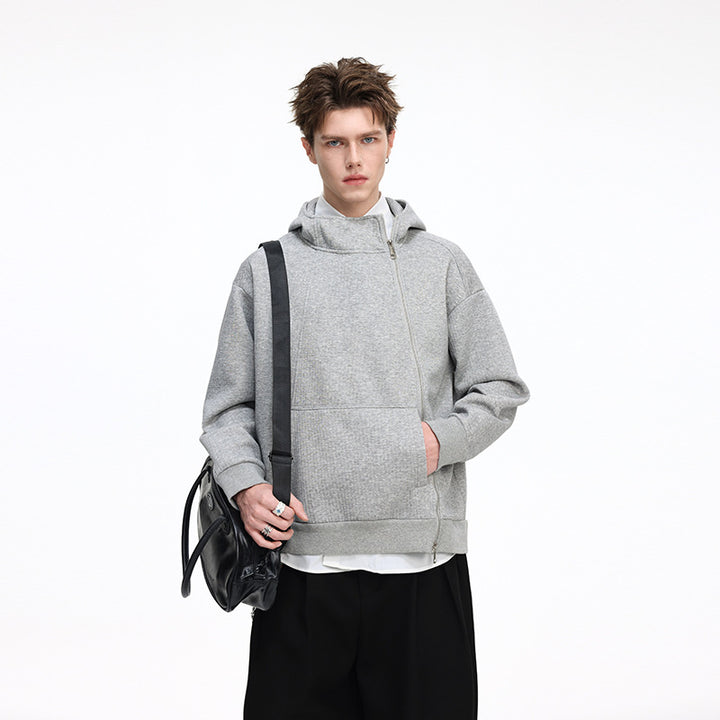 Unisex Asymmetrischer Kapuzenpullover mit hohem Kragen, diagonalem Reißverschluss und Kängurutasche Echo Archiv