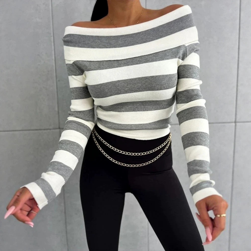 Damen Lässiges gestreiftes Oberteil im Off-Shoulder-Stil Echo Archiv