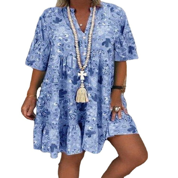 Damen nan A-Linien-Tunika-Minikleid mit V-Ausschnitt, stufigem Volant und Boho-Bandana-Print Echo Archiv