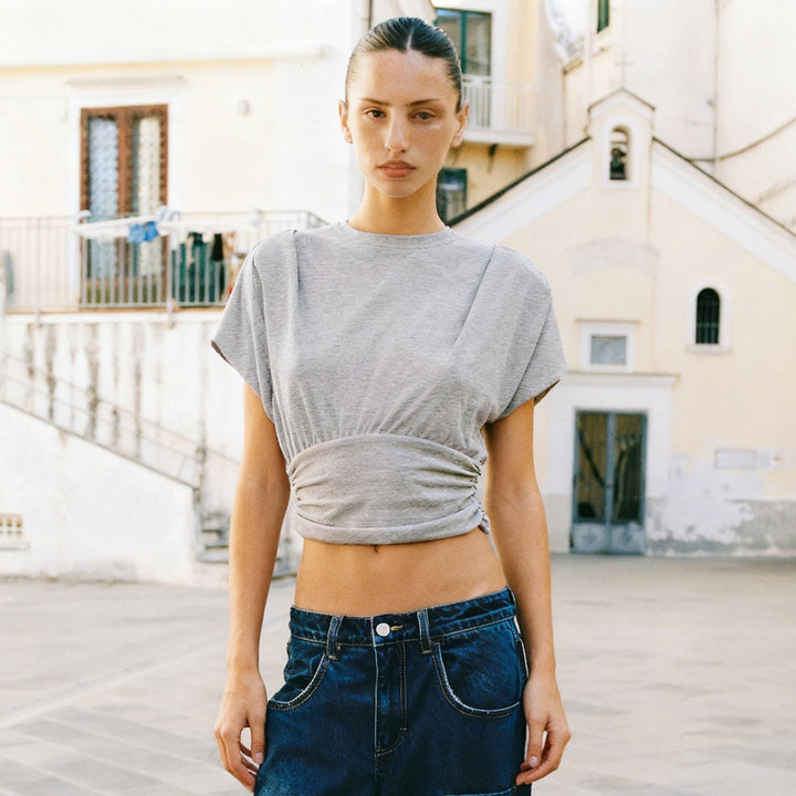 Damen lässiges Oversized T-Shirt mit elastischem Bund und Raffung Echo Archiv