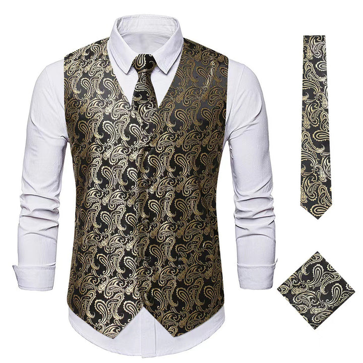 Herren elegantes Weste-Anzugset mit passendem Krawatte und Einstecktuch Echoarchiv