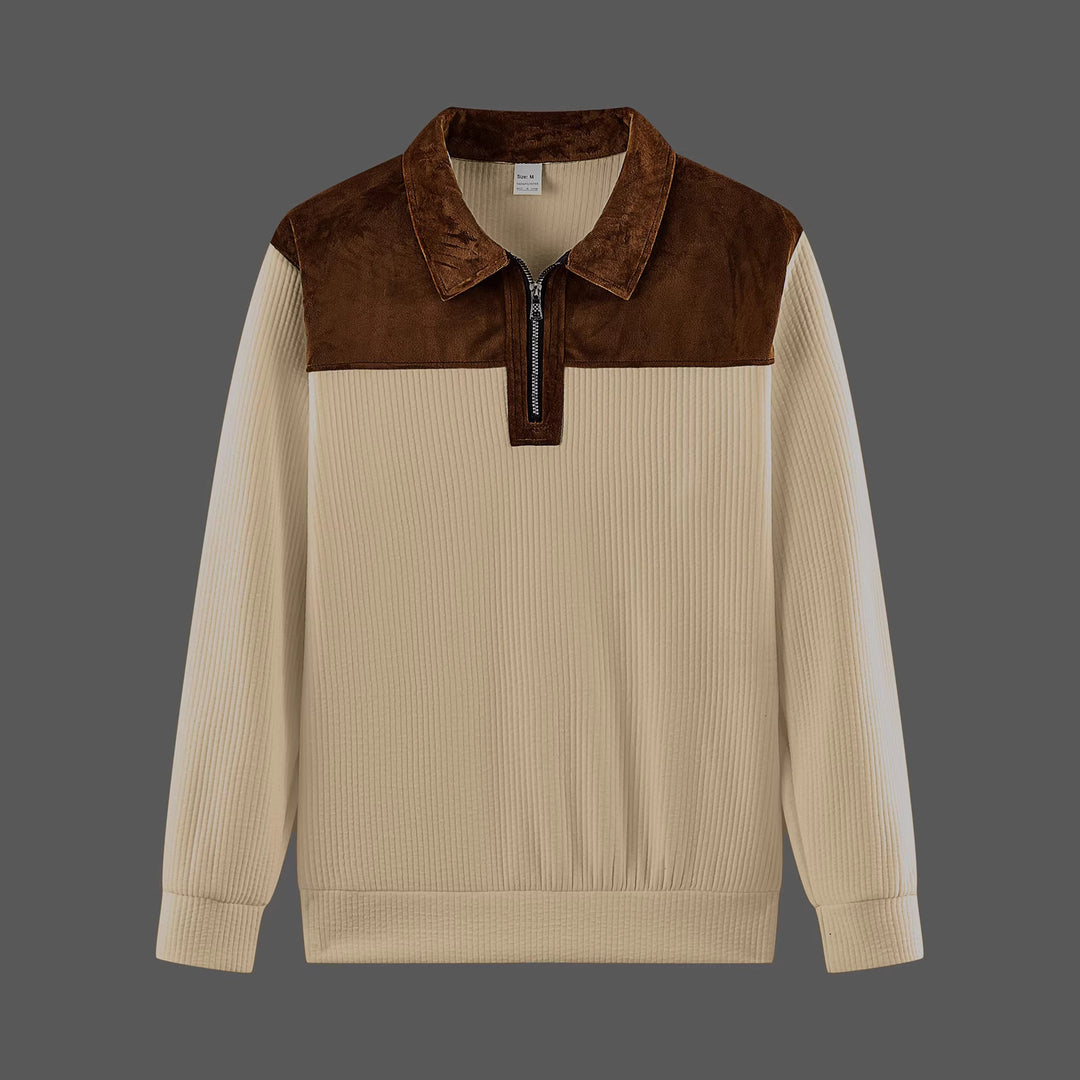Unisex nan feinstrukturierter Strickpullover mit halbem Reißverschlusskragen und Samtbesatz Echo Archiv